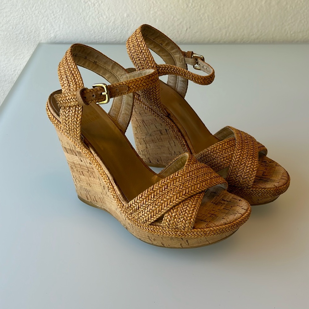 Stuart Weitzman Mink Woven Cork Wedge Sandals